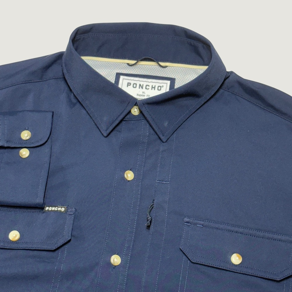 Poncho Outdoors Fishing Shirt Mens XL Navy Blue Magnetic Pockets Ventilated XL